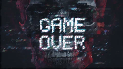 Game over message and human skull on backdrop seamless loop animation Stock Footage 319579512
