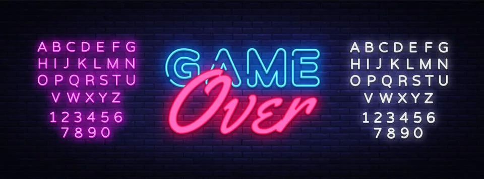 Game Over Neon Text Vector. Game Over neon sign, Gaming design template, modern Illustrazione stock