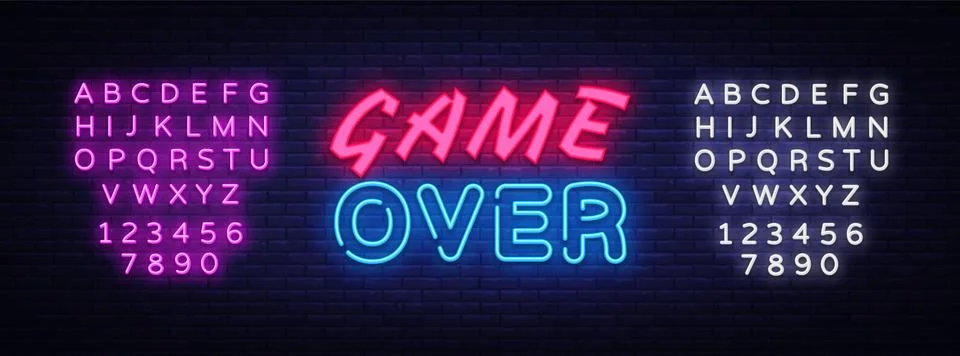 Game Over neon text vector design template. Game Over neon logo, light banner Stock Illustration