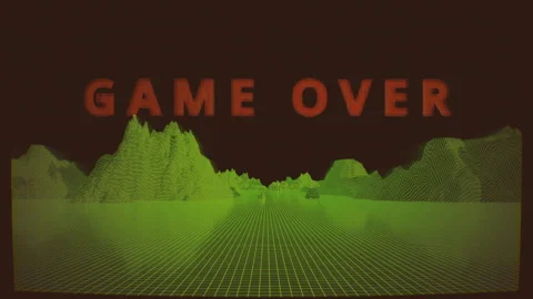 Game over. Old arcade game screen, 3d green grid wireframe landscape. 3D retro Stock Footage 242802146