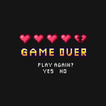 Game over pixel death screen with red hearts template Stock Illustration