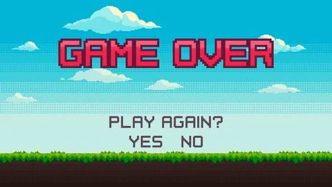 Game over pixel game background. Pixel art game scene with green grass against Stock Illustration