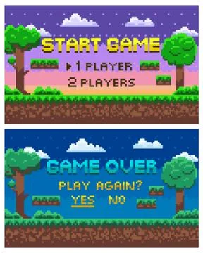 Game Over, Pixel Landscape 8 Bit Graphics Set Stock Illustration