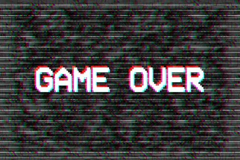Game Over pixel text, glitch effect background Stock Illustration