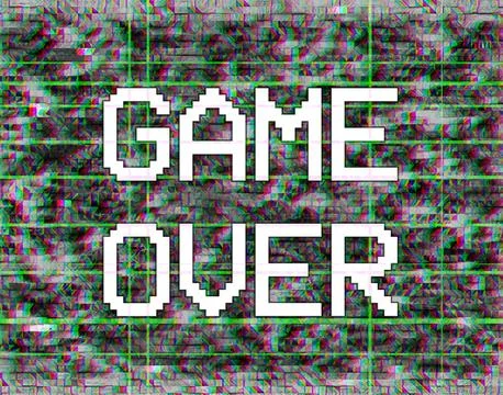 Game Over pixel text, glitch effect background, rgb shift Stock Illustration