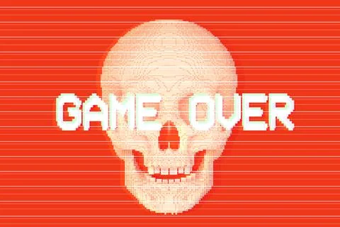 Game over, pixilated or blocky skull on red background, 3d render Stock Illustration