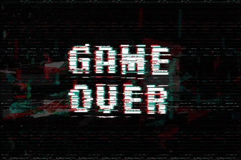 Game Over, screen message, vector illustration. Glitch effect text, digital Illustrazione stock