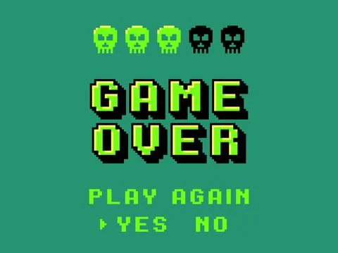 Game over screen. Pixel 8 bit final screensaver, primitive graphics style skulls Stock Illustration