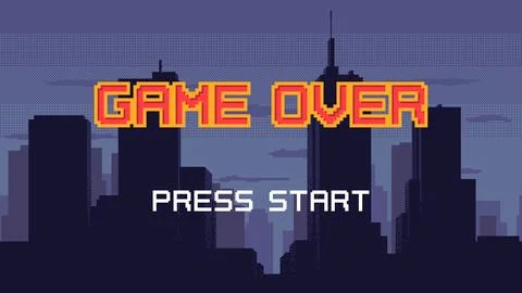 Game Over screen - pixel art with night city landscape background. 스톡 일러스트
