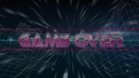 GAME OVER text entering top-left, rotating to center while neon rails sweeping, Stock Footage 333155062