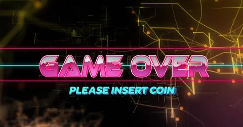 Game Over text image over abstract digital background with Please Insert Coin Illustrazione stock