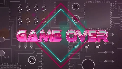 Game over text on neon squares over close up of microprocessor connections on Vídeo Stock 158414431