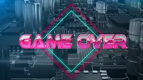 Game over text on neon squares against close up of microprocessor connections on Stock Footage 158414460
