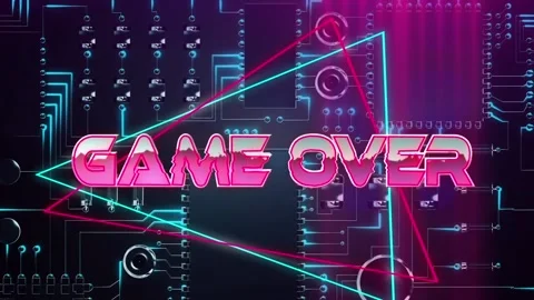 Game over text on neon triangles against close up of microprocessor connections Vídeo Stock 158414101