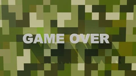 GAME OVER text on pixel camo background in shades of green as a game over c.. Stock Illustration