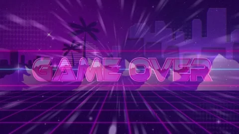 GAME OVER text revealing via light sweep, pulsing as grid and particles moving, Stock Footage 333318014