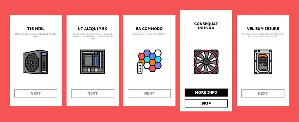 Game pc gamer computer online onboarding icons set vector Ilustración de archivo