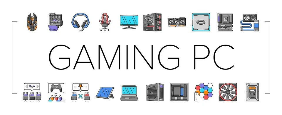 Game pc gamer computer online icons set vector Ilustración de archivo
