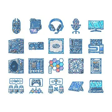 Game pc gamer computer online icons hand drawn Stock Illustration