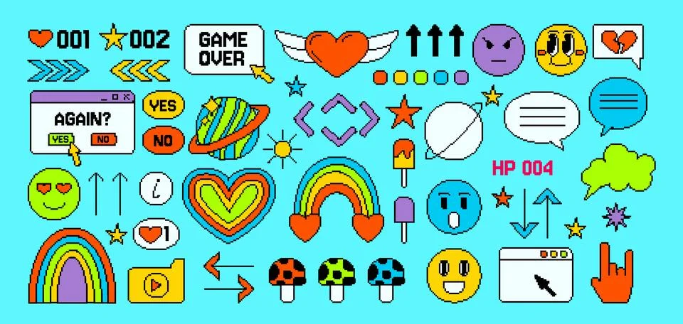 Game pixel element. 8 bit icon. Love heart. Arrow and rainbow. Retro Y2K sy.. Stock Illustration