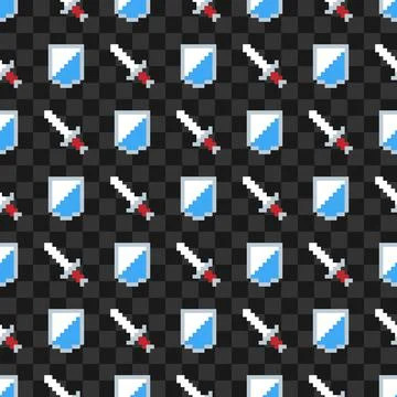 Game pixel icons, shield and sword, color vector seamless pattern background 스톡 일러스트