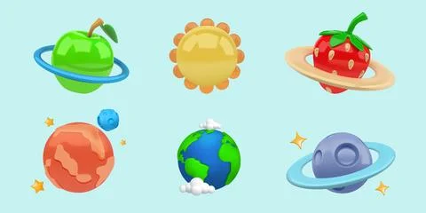 Game planets. Space alien stars from fantasy galaxy or UFO world. Funny magic Stock Illustration