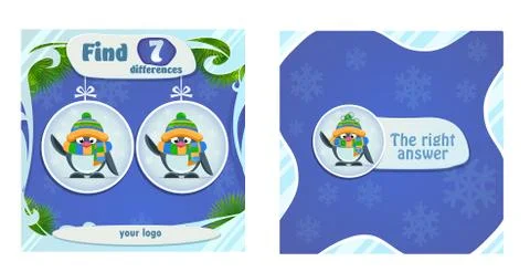 Game post find 7 differences penguin Stock Illustration