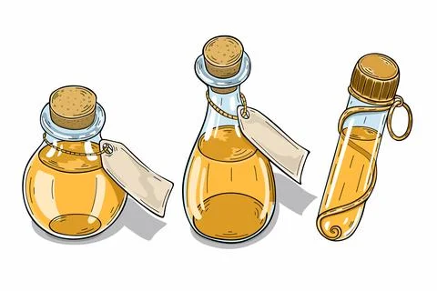 Game potion. Cartoon elixir for strength mana and stamina Stock Illustration