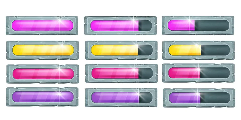 Game progress bar vector cartoon icon collection on white, UI life energy 스톡 일러스트