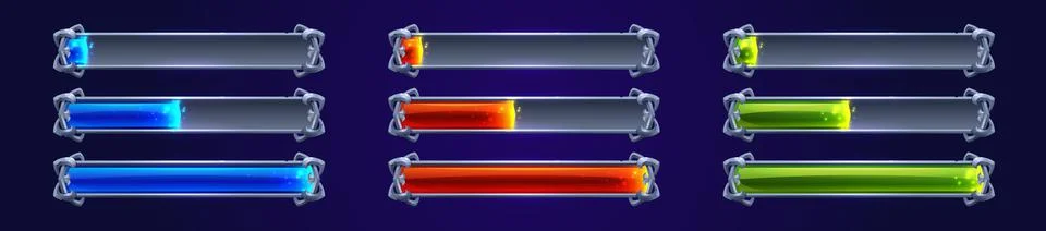 Game progress bars set in blue, red, green Illustrazione stock