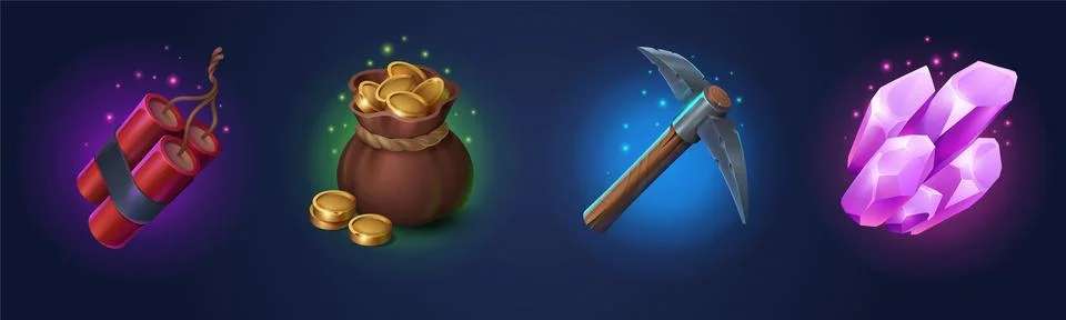 Game props icons dynamite, coins, pickaxe, crystal Stock Illustration