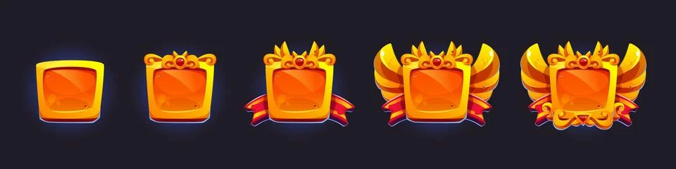 Game rank badge evolution set with golden frames. Stock Illustration