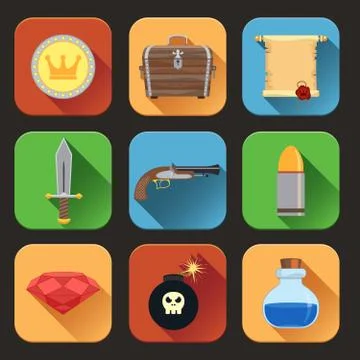 Game resources icons flat Stock Illustration
