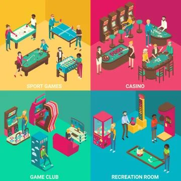 Game rooms vector flat 3d isometric illustration Stock Illustration