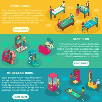 Game rooms vector flat 3d isometric illustration banners イラスト素材