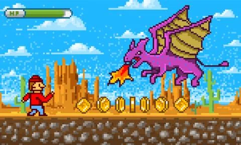 Game scene. Pixel art 8 bit objects. Platformer video interface. Retro location Stock Illustration