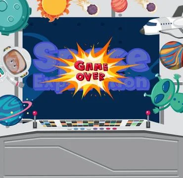 Game screen template for space game with aliens and astronaut in control room Stock Illustration