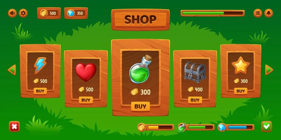 Game shop interface windows, store panel UI frames イラスト素材