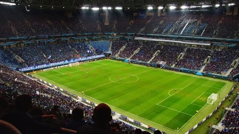 Game of soccer at stadium in St. Petersburg host World Cup FIFA 2018 Russia Stock Footage