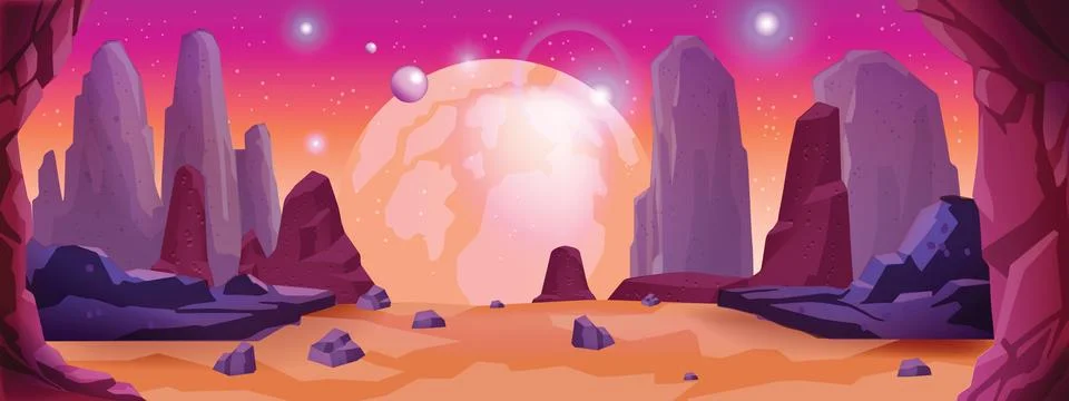 Game space background, vector alien planet landscape, cartoon fantasy Stock-Illustration