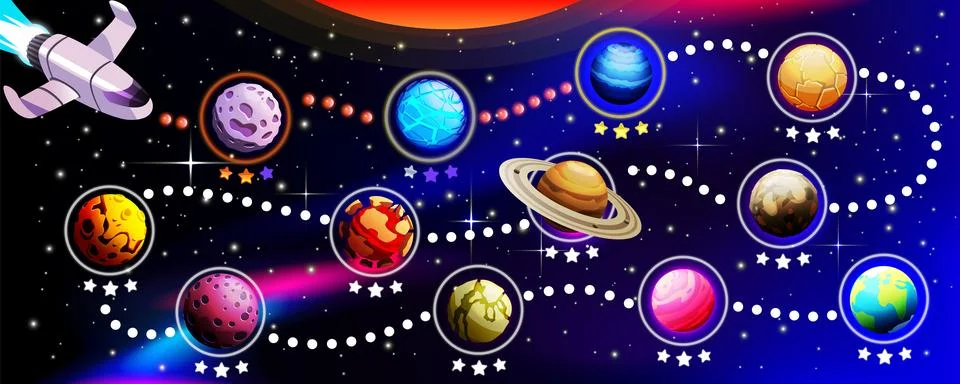 Game space. UI planet map. Sky level route. Computer playing. Astronaut tra.. Illustrazione stock