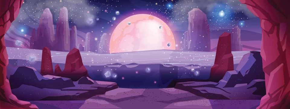 Game space vector background, alien planet landscape Stock Illustration