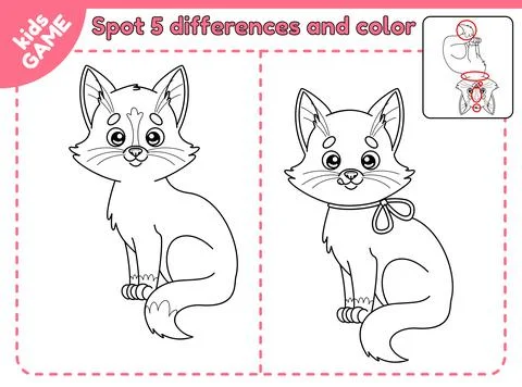 Game spot differences and color cartoon cute cat Stock Illustration