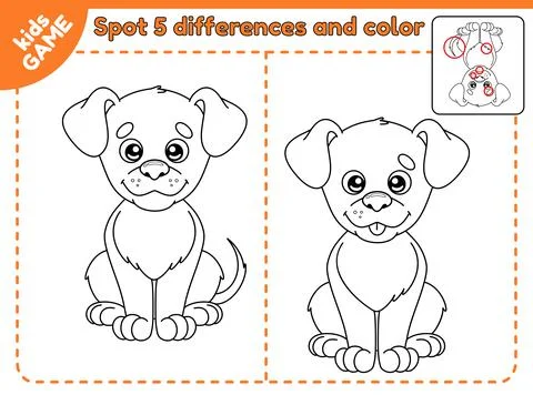 Game spot differences and color cartoon cute dog Stock Illustration