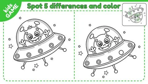 Game spot differences and color cartoon cute alien Stock Illustration