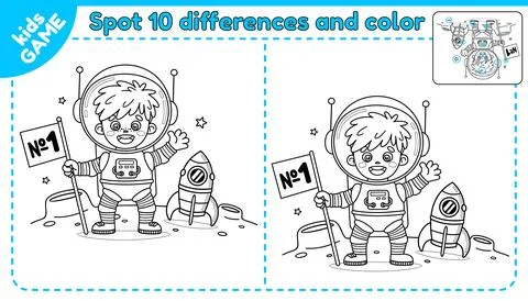 Game spot differences and color astronaut on Moon Stock Illustration