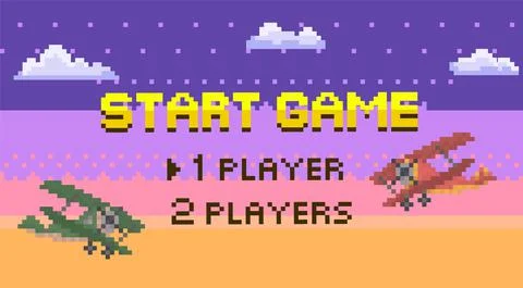 Game start and player selection interface. Pixel game home page. Air transport Stock Illustration