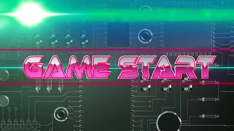 Game start text on neon banner over close up of microprocessor connections on Stock Footage 158414285