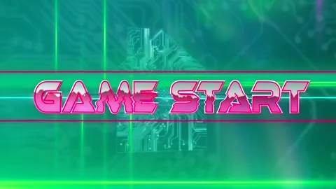 Game start text on neon banner over microprocessor connections forming a house Vídeo Stock 158414360