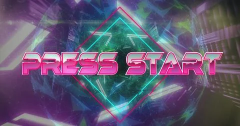 Game start text over neon banner against hands neon cityscape on pink background Ilustración de archivo